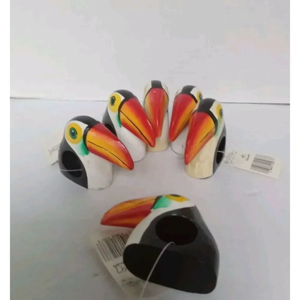 Handcrafted Wooden Toucan‎ Napkin Rings Set of 6 Tropical Bird Table Decor